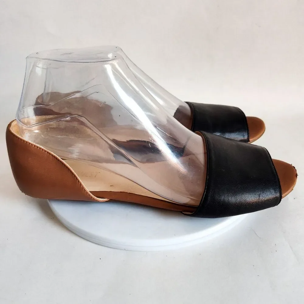Nine West Tan Black Faux Leather Open Toe Slip On D'Orsay Flats Size 8M‎ Vegan